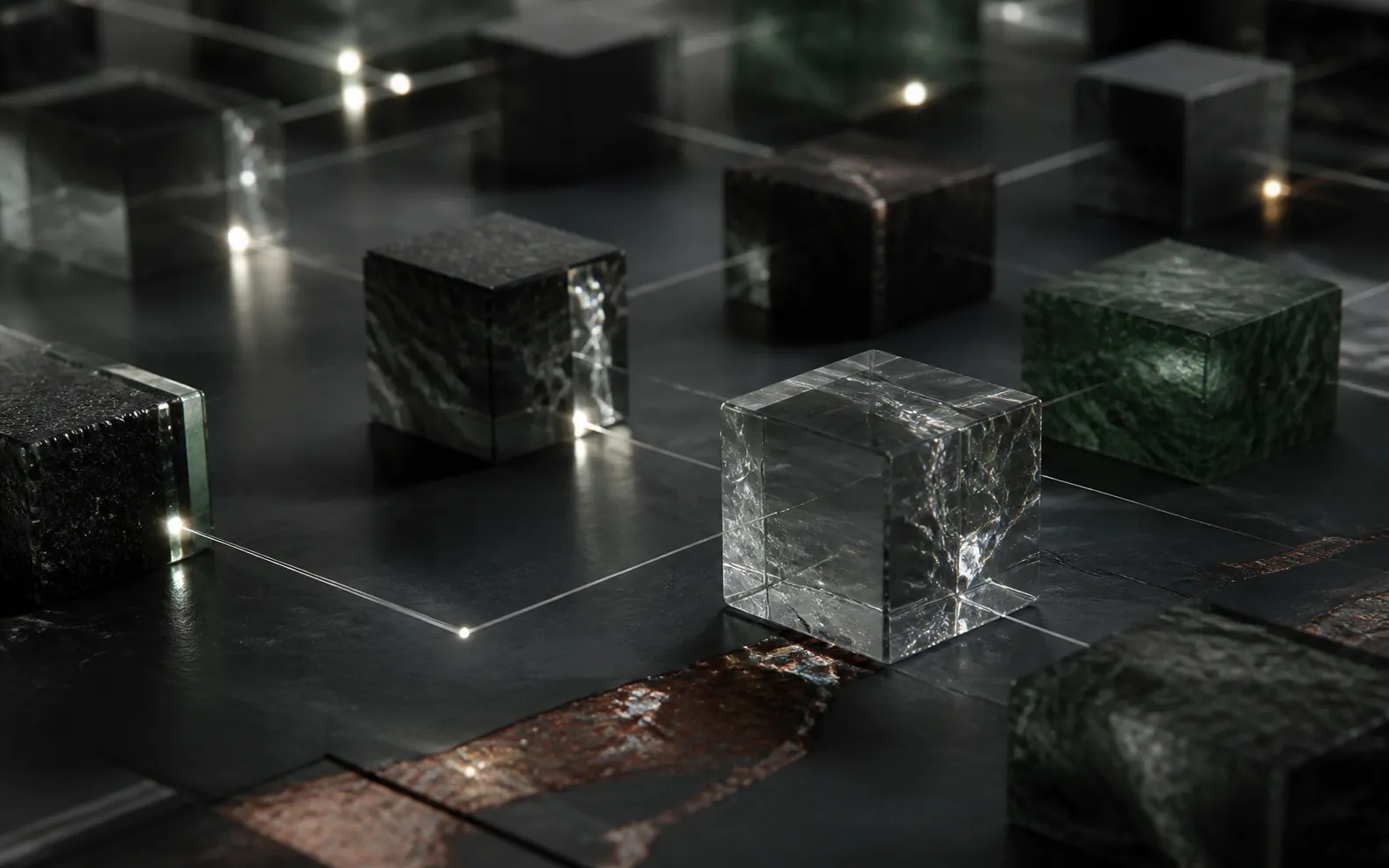 Connected mineral blocks representing a digital ledger